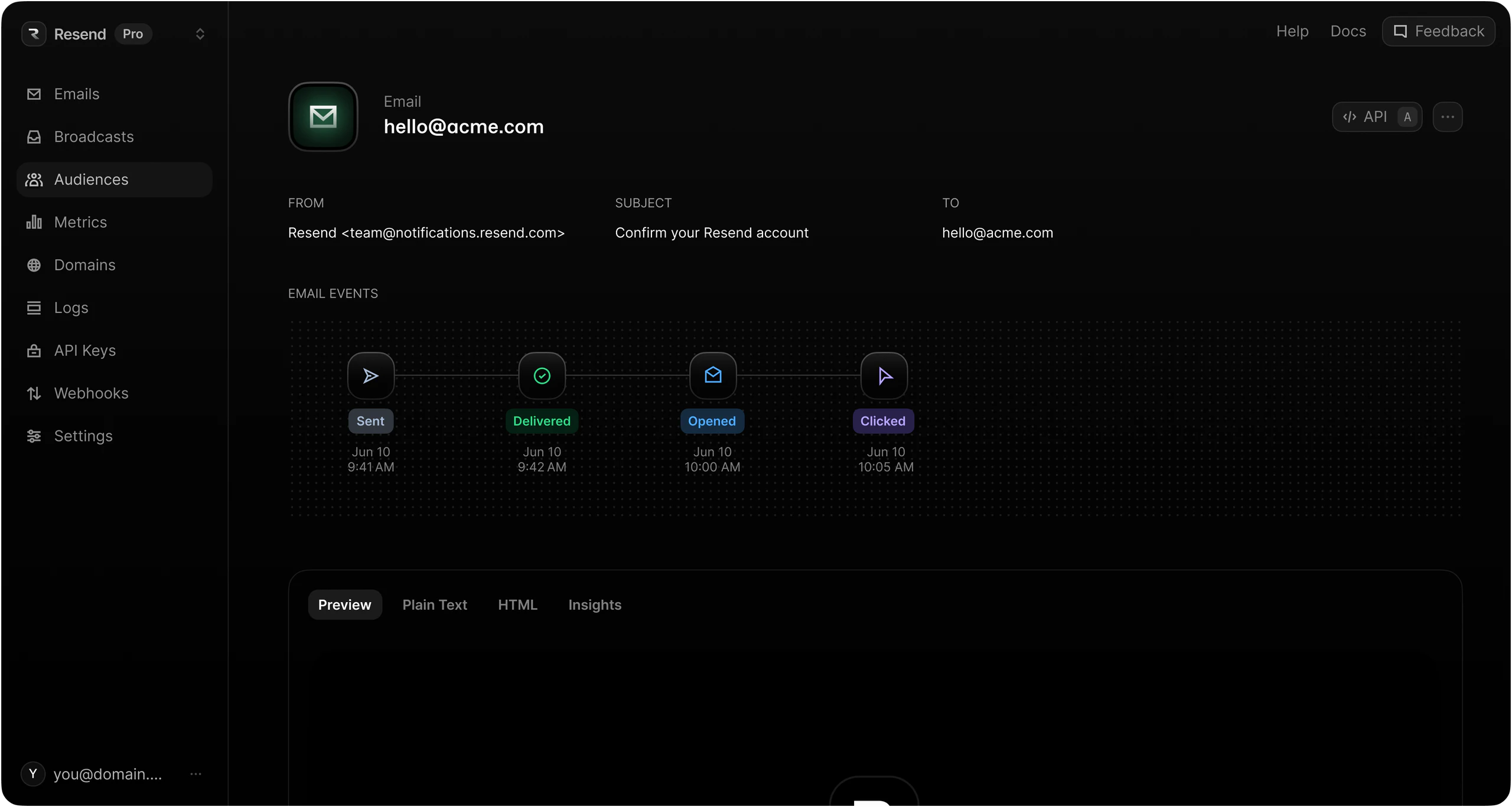 Resend Dashboard - Email Events